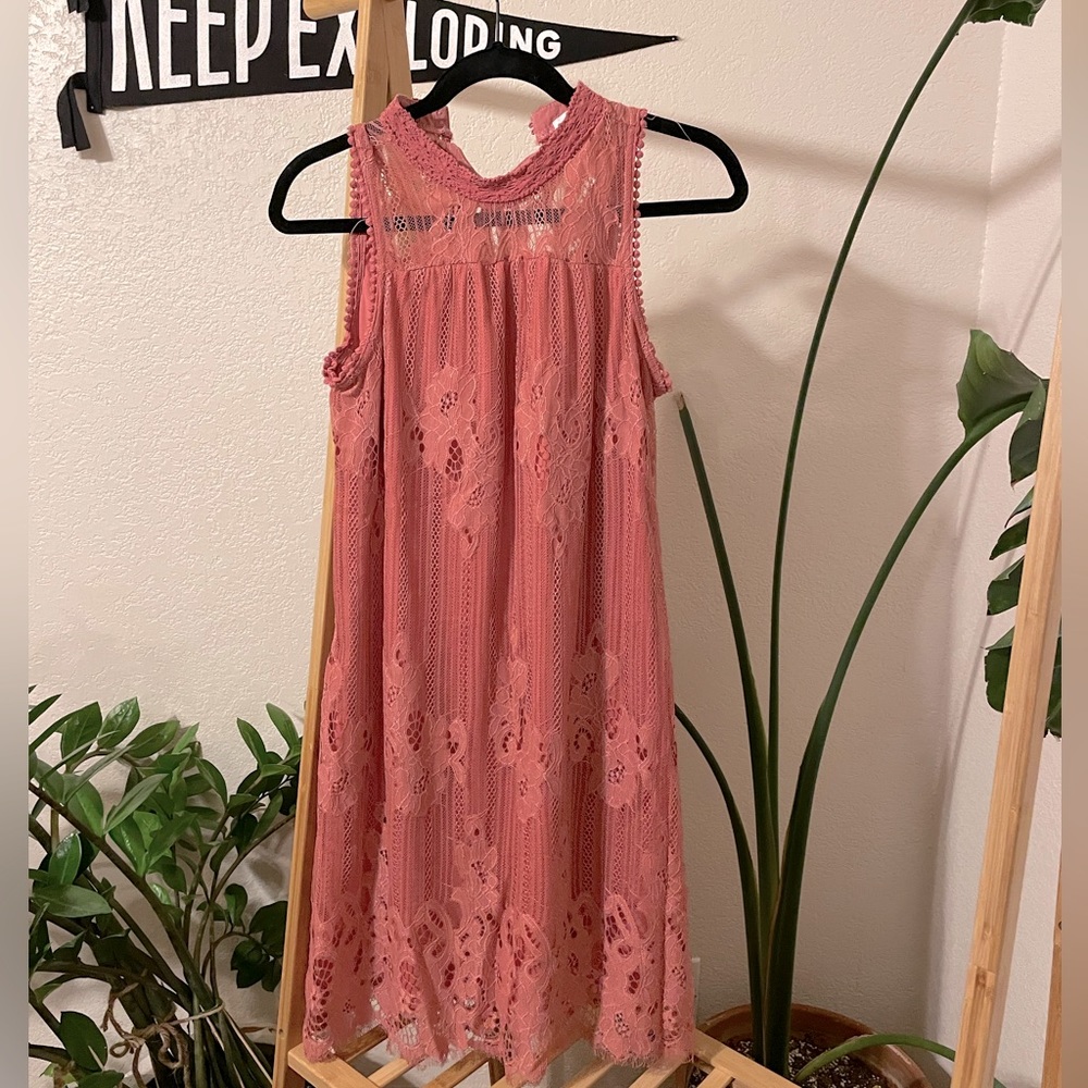 Pink Lace Mock Neck Midi Dress